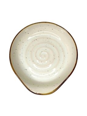 Speckled Cream Ceramic Spoon Rest with Brown Rim